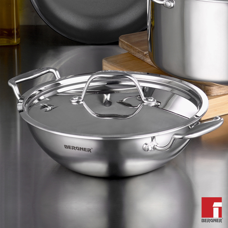 BERGNER Argent Triply Stainless Steel Kadhai with Lid