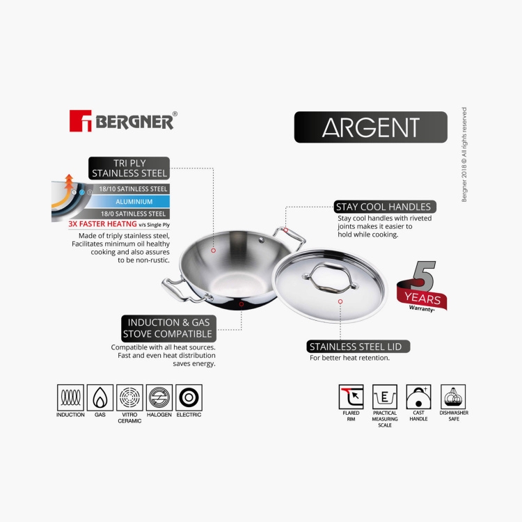 BERGNER Argent Triply Stainless Steel Kadhai with Lid