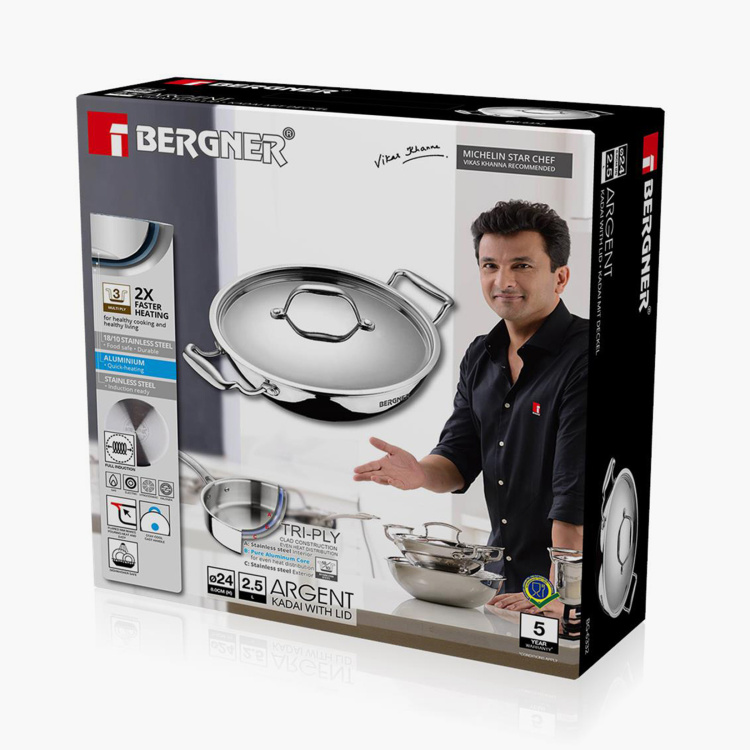 BERGNER Argent Triply Stainless Steel Kadhai with Lid