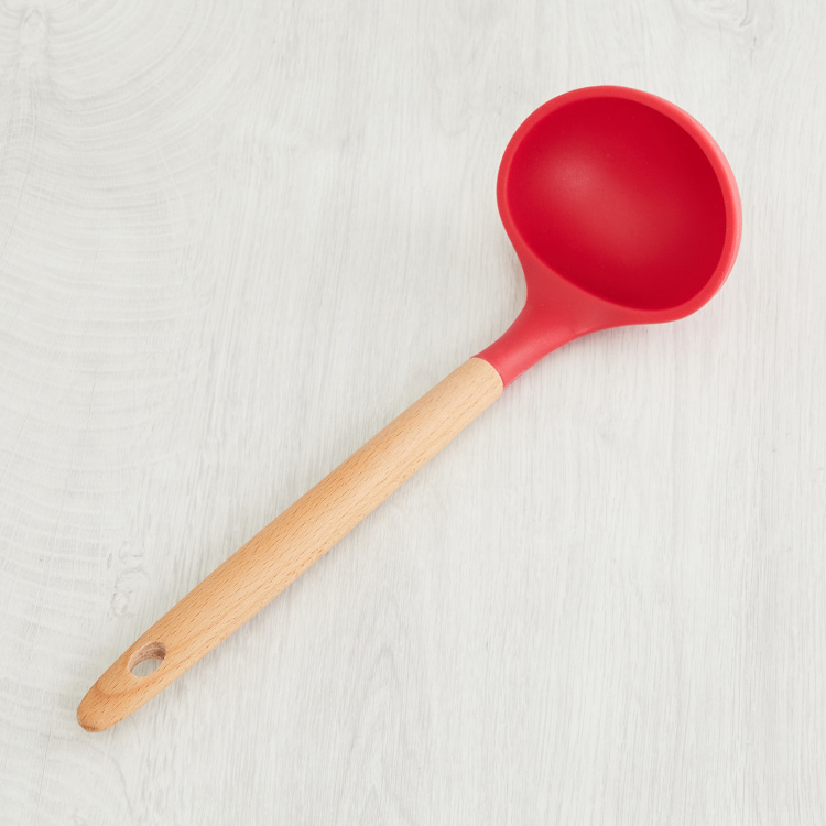 Rosemary Solid  Silicone Ladle With Wooden Handle - Silicone - Ladle 30 cm  L x 9.5 cm  W -Red