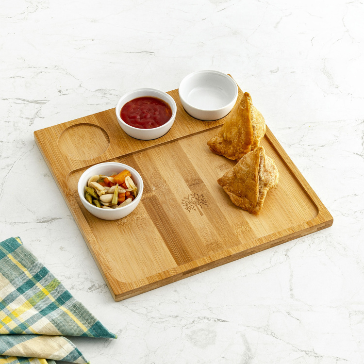 Rhodes Edulis - Brown & White Bamboo Solid Chip & Dip Tray With Bowls - 4Pcs