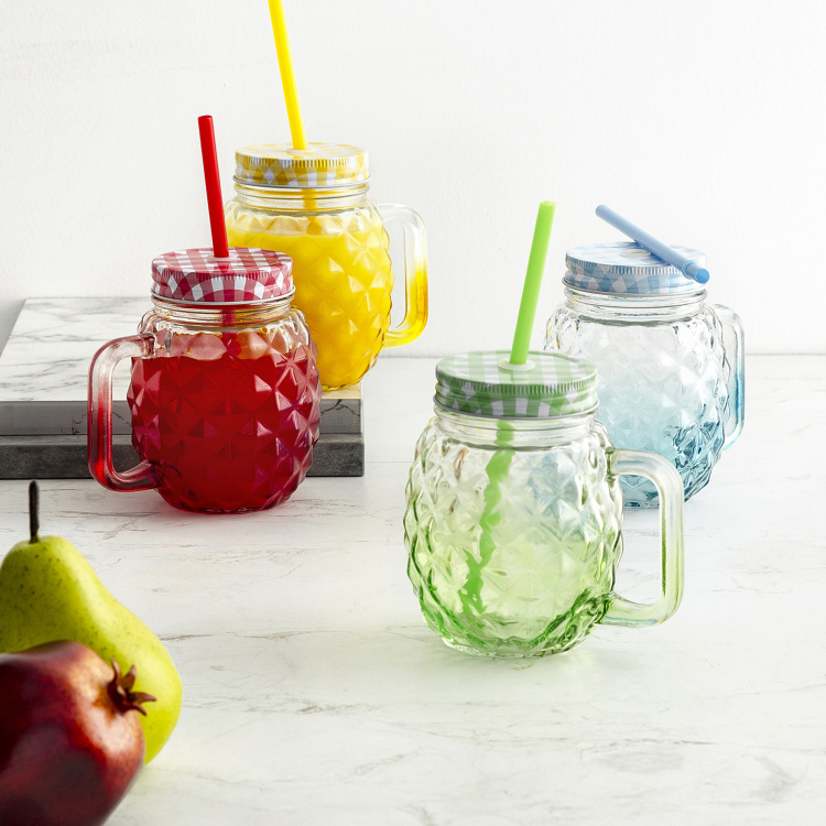 Vibgyor-Cuba Textured Glass Mason Jar With Straw