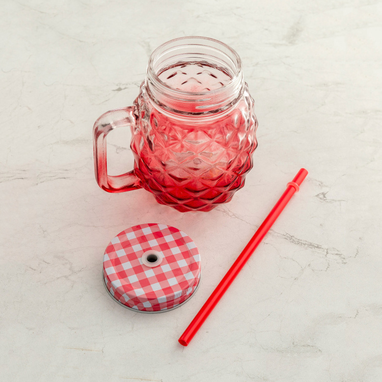Vibgyor-Cuba Textured Glass Mason Jar With Straw