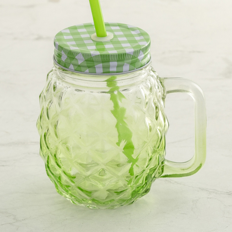 Vibgyor-Cuba Textured Glass Mason Jar With Straw