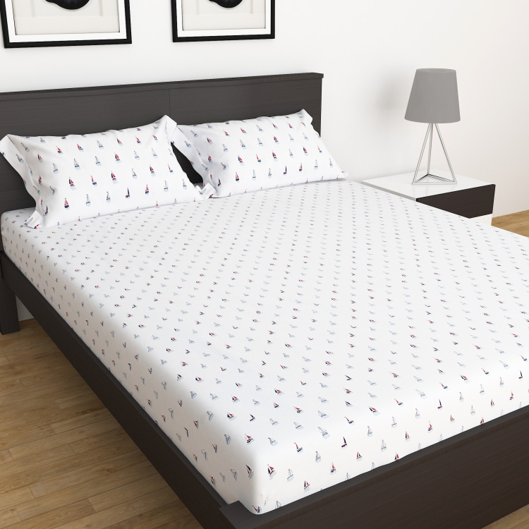 Slate Boat Print 3-Pc. Flat Double Bedsheet Set - 228 x 254 cm
