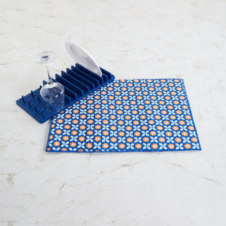 Raisa Retro Blue Floral Dish Drying Mat And Dish Rack Set