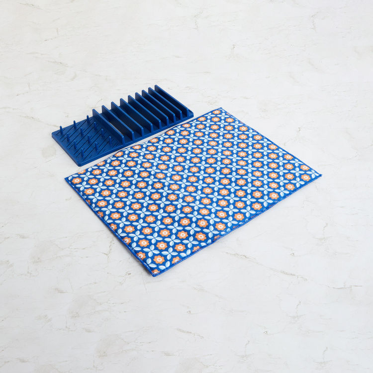 Raisa Retro Blue Floral Dish Drying Mat And Dish Rack Set