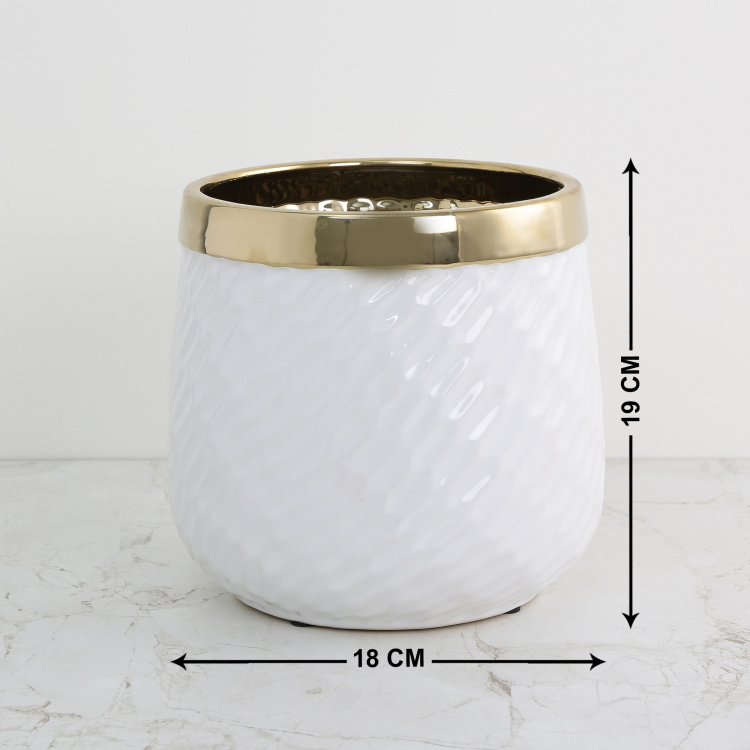 Marshmallow Textured Floor Ceramic - Planter with Gold Rim : 19 cm H x 18 cm diameter - White