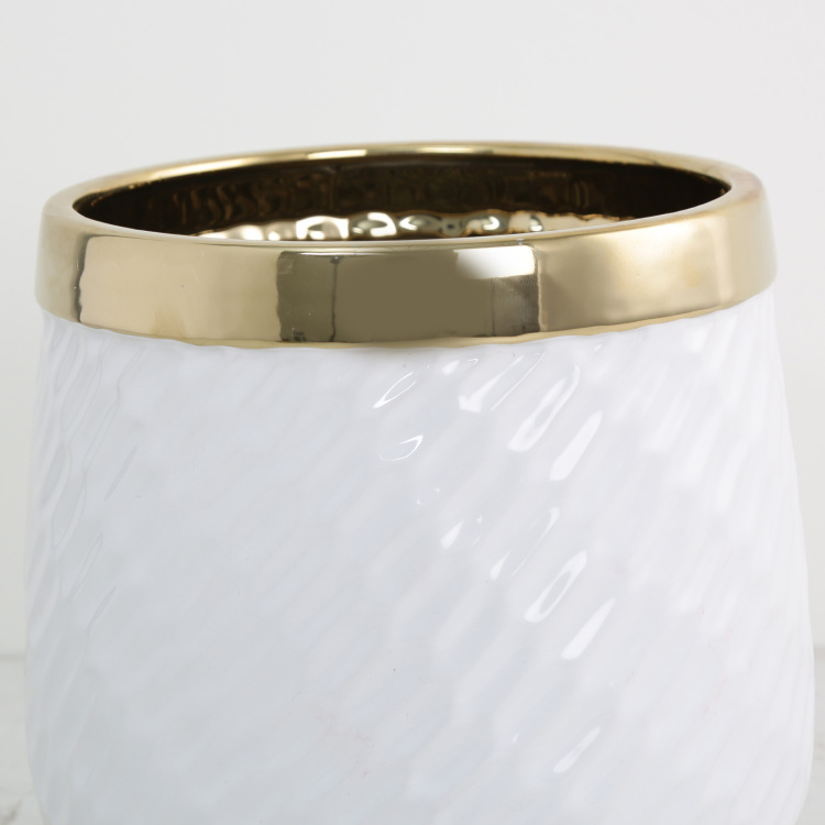 Marshmallow Textured Floor Ceramic - Planter with Gold Rim : 19 cm H x 18 cm diameter - White