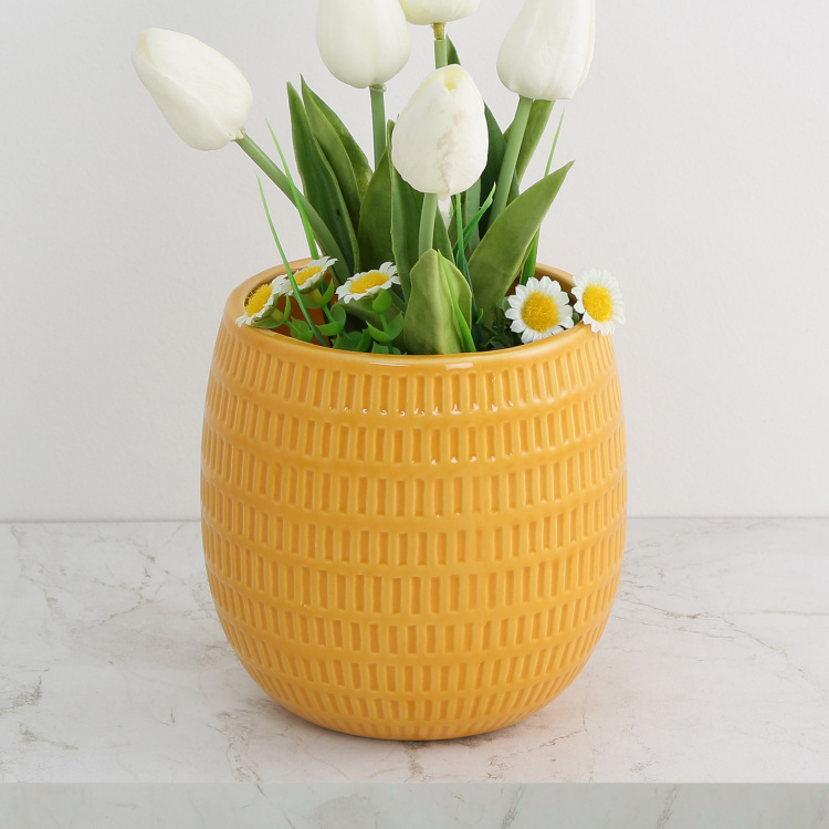 Colour Connect Textured Round Single Pc. Embossed Flower Pot - Ceramic - Yellow