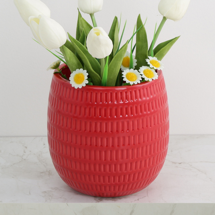 Colour Connect Textured Single Pc. Embossed Flower Pot - Ceramic - Red