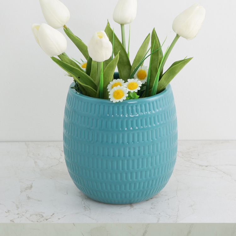 Colour Connect Primrose Teal Textured Ceramic Embossed Flower Pot - 13x14cm