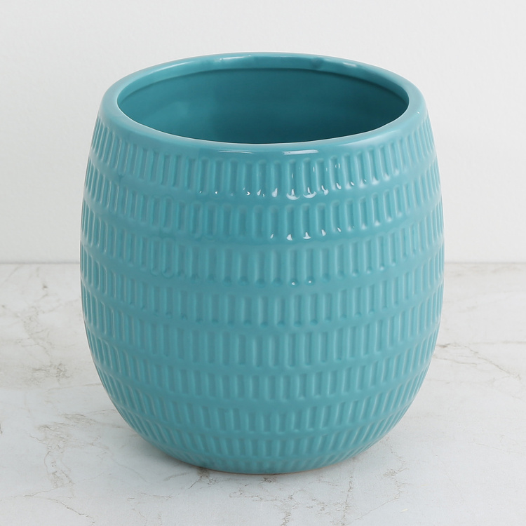Colour Connect Primrose Teal Textured Ceramic Embossed Flower Pot - 13x14cm