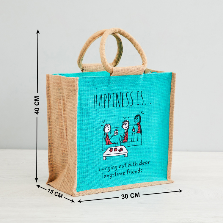 Livia Printed  Medium Lunch Bag - Jute - Lunch Bag - 30 cm  L x 15 cm  W x 40 cm  H - Blue