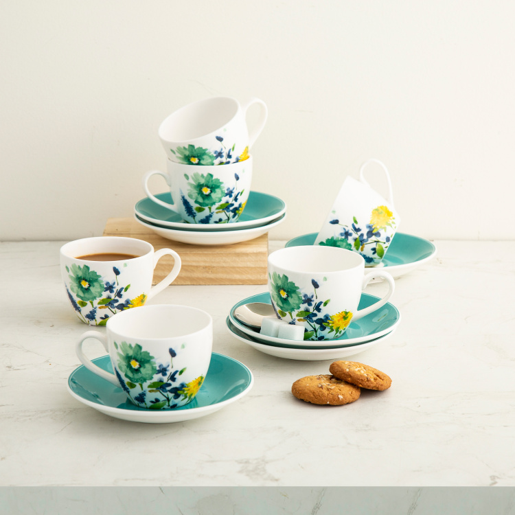 Mandarin - Blue Printed Bone China Cup & Saucer Set - 210ml - 12Pcs