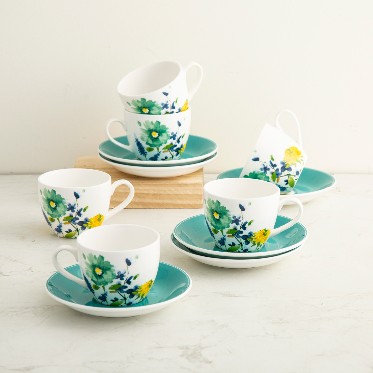 Mandarin - Blue Printed Bone China Cup & Saucer Set - 210ml - 12Pcs