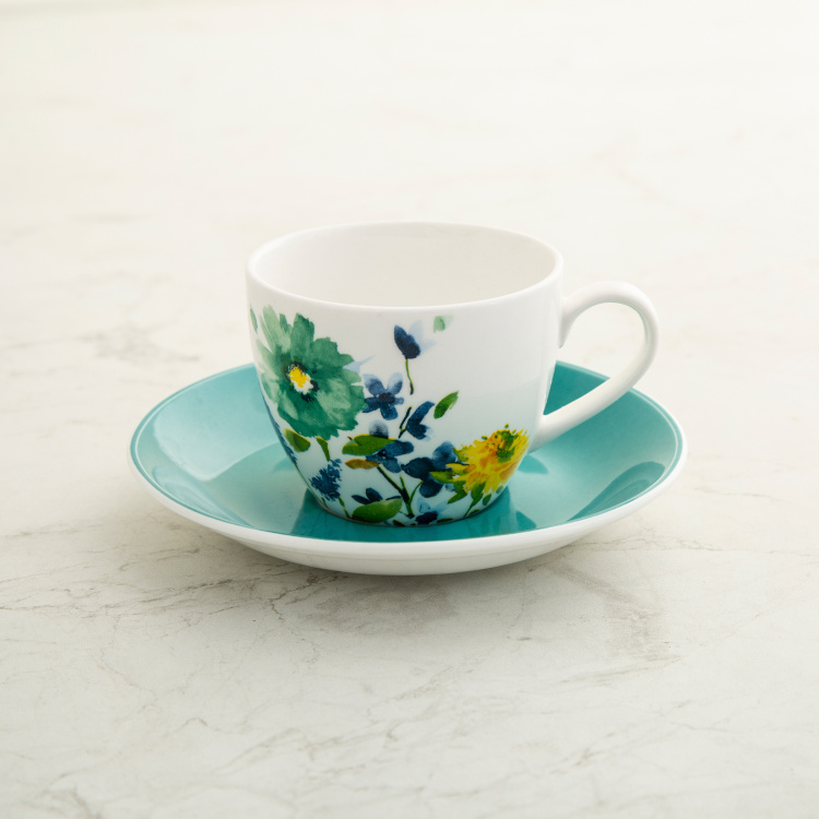 Mandarin - Blue Printed Bone China Cup & Saucer Set - 210ml - 12Pcs