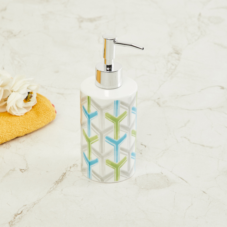 Organic Aqua Printed Ceramic Round Soap Dispenser  : 7 cmL x 7 cmW x 18.2 cmH  Multicolour