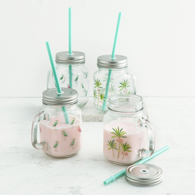 Tropical Retreat Printed Mason Jars with Straw - Set of 4 - 450 ml