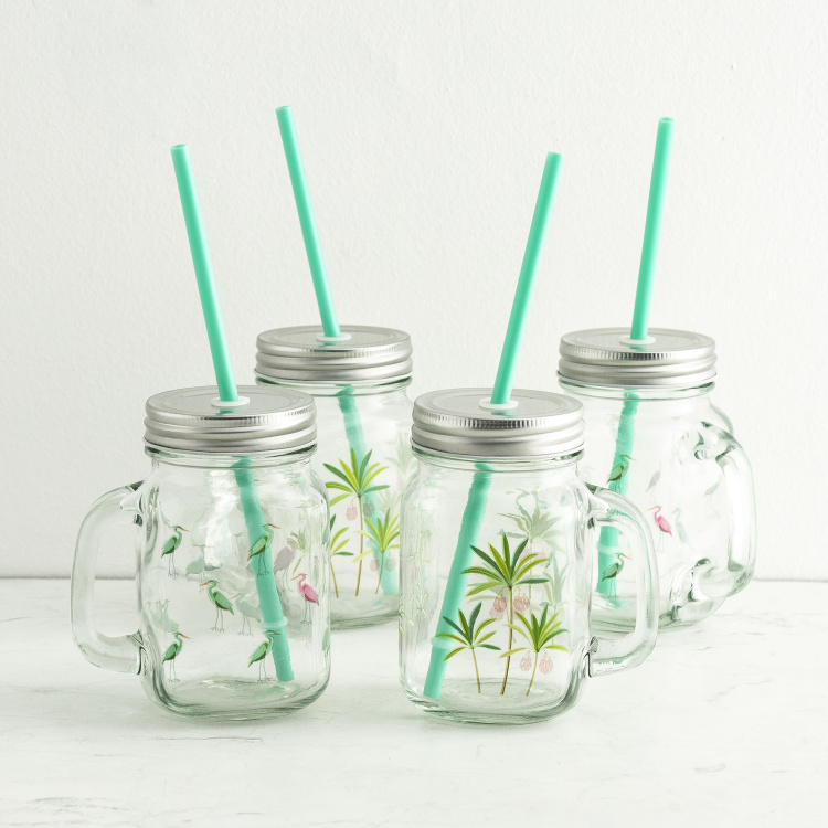 Tropical Retreat Printed Mason Jars with Straw - Set of 4 - 450 ml