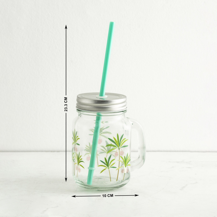 Tropical Retreat Printed Mason Jars with Straw - Set of 4 - 450 ml