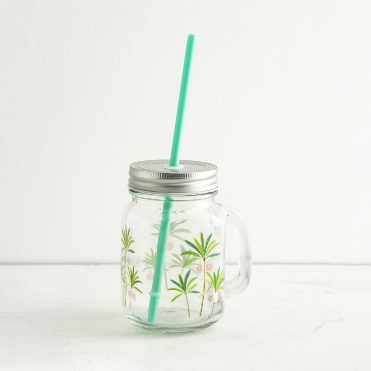 Tropical Retreat Printed Mason Jars with Straw - Set of 4 - 450 ml