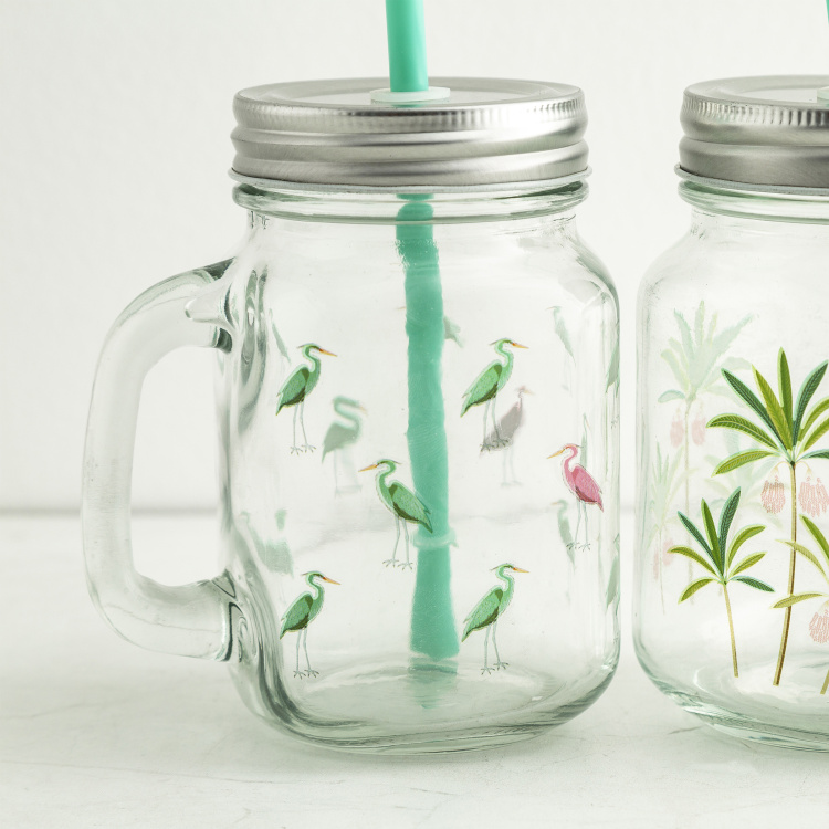 Tropical Retreat Printed Mason Jars with Straw - Set of 4 - 450 ml
