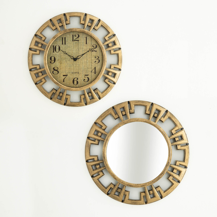 Ebony Round Set Of 2Pcs. Wall Clock, 1 Wall Mirror - Plastic - Transparent