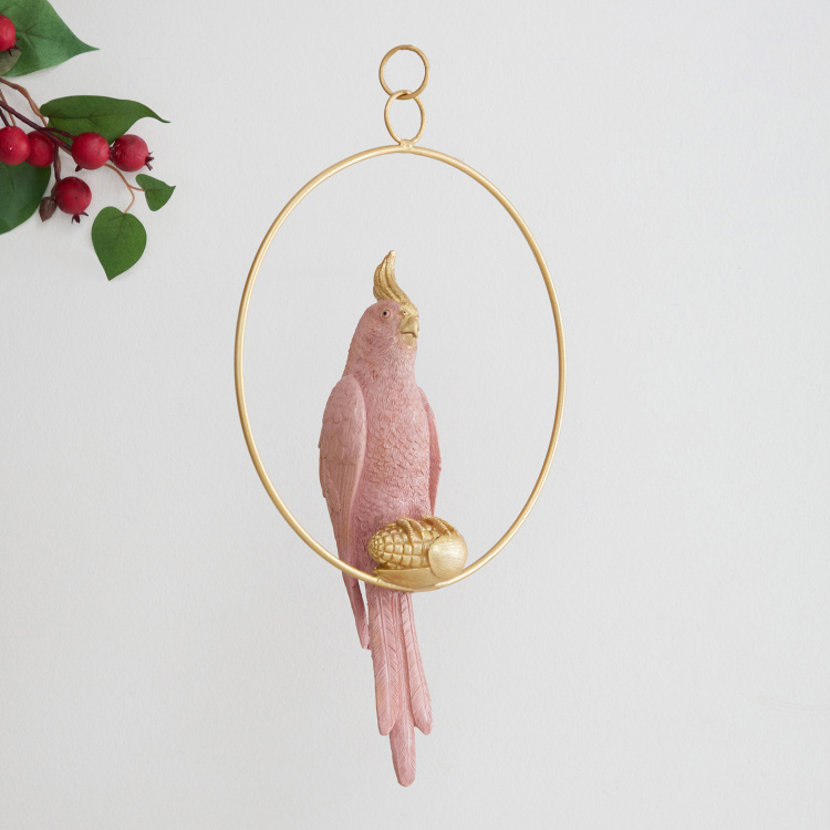 Moksha Abstract - Polyresin - Hanging Deco Bird in Ring : 26 cm  L x 9 cm  W x 42 cm  H - Peach