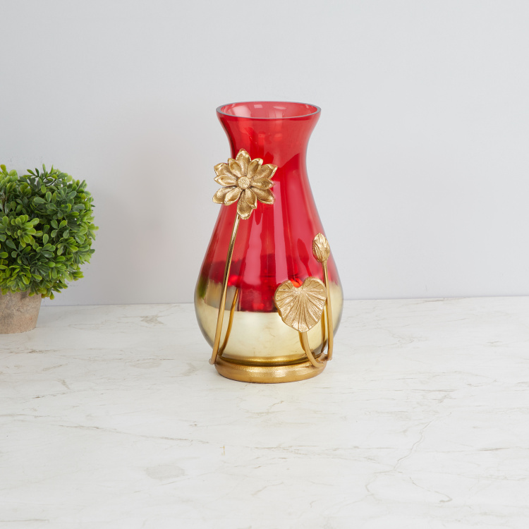 Splendid Abstract Round Single Pc. Vase with Lotus - Glass - Red