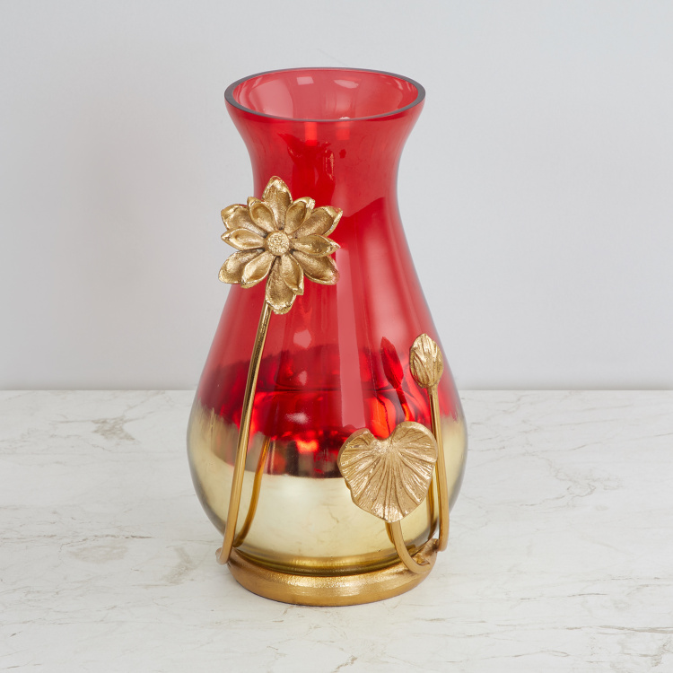 Splendid Abstract Round Single Pc. Vase with Lotus - Glass - Red