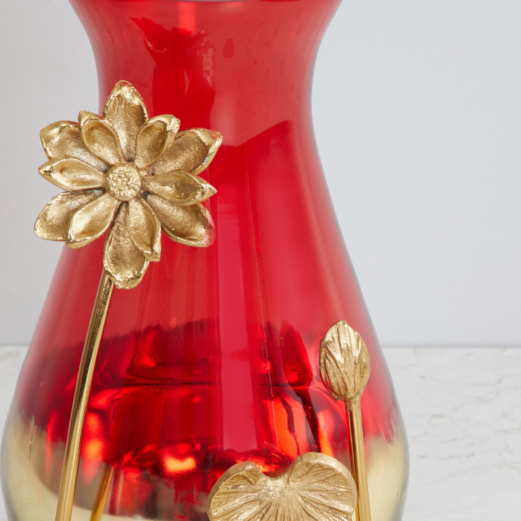 Splendid Abstract Round Single Pc. Vase with Lotus - Glass - Red