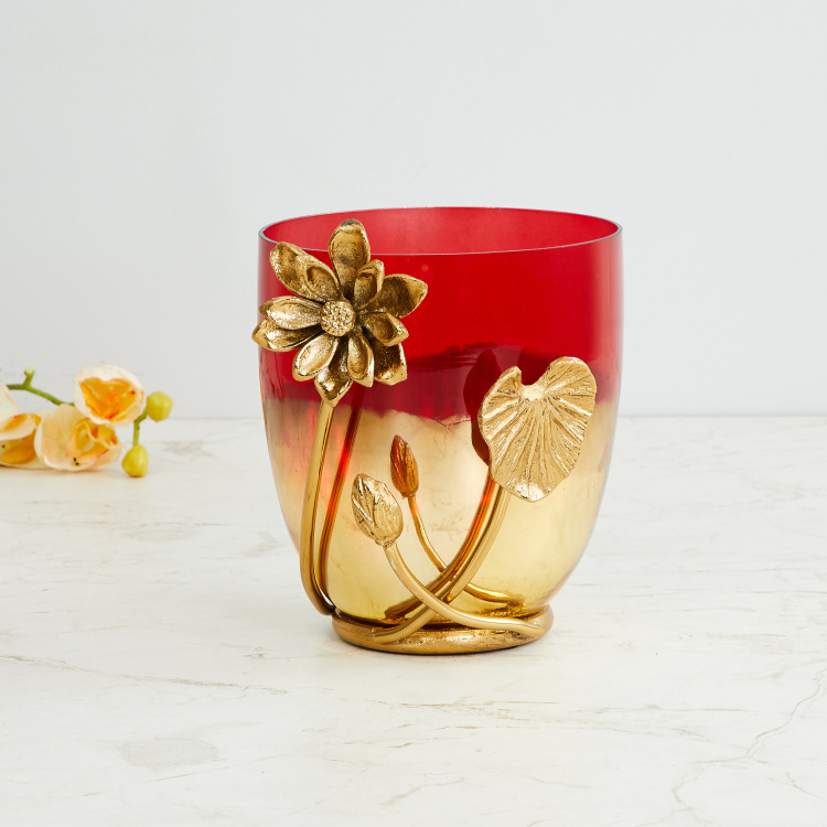 Splendid Dual-Tone Glass Vase with Lotus Embellishment - 18.5 cm x 15 cm