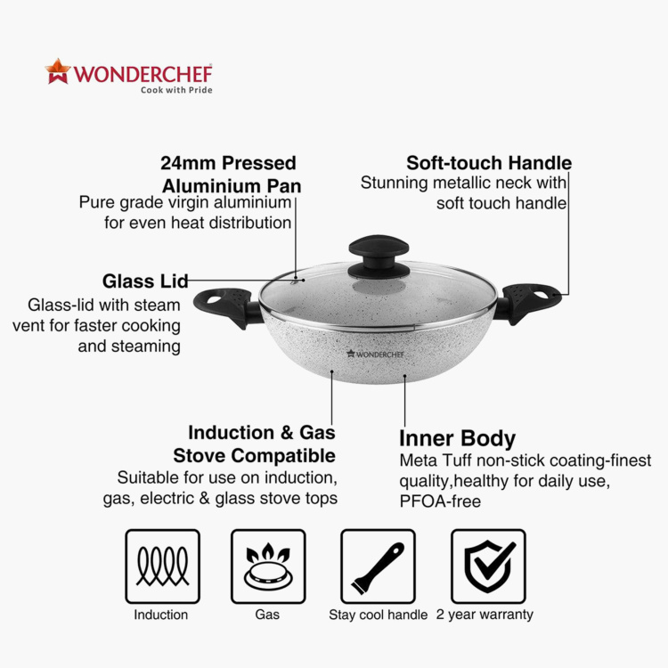 WONDERCHEF Solid Warm White Wok with Lid - 26 cm